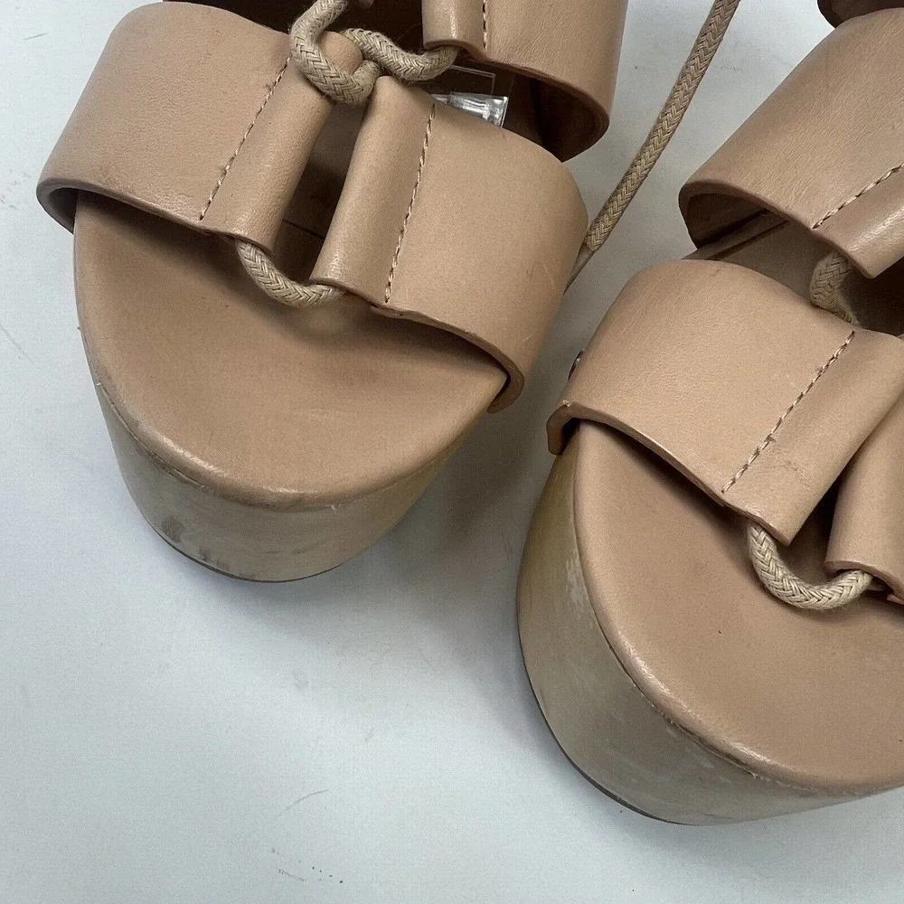 Loeffler Randall Ines Nude Lace Up Platform Wood Heel Sandals 9 Gladiator
